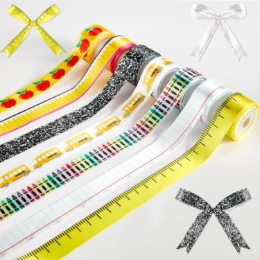 Imagem de 7 rolos de composição de fitas de volta às aulas para caderno, 30 metros, fitas escolares para artesanato, régua, lápis, maçãs, ônibus, giz de cera, fita de artesanato para agradecimento de