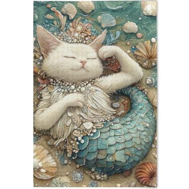 Imagem de Quebra-cabeça de sereia gato siamês engraçado adultos 500 peças brinquedo família arte paisagem quebra-cabeça personalizado família elefante branco presentes, 52 cm x 37,8 cm