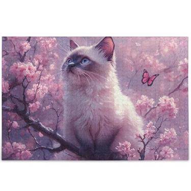 Imagem de Quebra-cabeça de gato siamês fofo personalizado flor de cerejeira 1000 peças para adultos estampa de animais de família Prime Family Elefantes brancos presentes, 75 cm x 50 cm