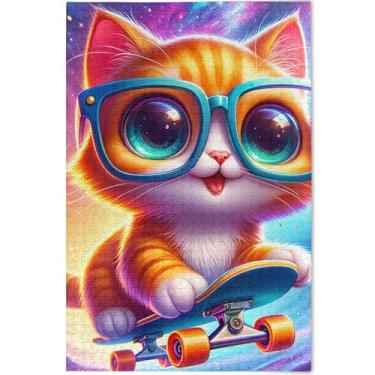 Imagem de Quebra-cabeça com estampa de gato fofo e brilhante, 500 peças, presentes de jogo engraçado, para adultos, quebra-cabeças exclusivos para adultos, arte de pintura de animais, 52 x 37,8 cm