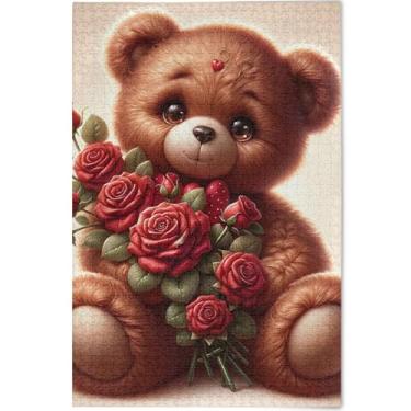 Imagem de Urso de pelúcia rosa flores 1000 peças quebra-cabeça para adultos família brinquedo arte quebra-cabeça cena outono personalizado elefante branco, 75 x 50 cm