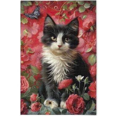 Imagem de Quebra-cabeças personalizadas com flores e gatos 500 peças para adultos cenário animal arte decoração quebra-cabeça cena de outono elefante branco presentes de festa, 52 cm x 37,8 cm