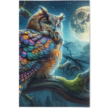 Imagem de Quebra-cabeças personalizados de coruja mágica sereia lua adulto 500 peças presentes família elefante branco quebra-cabeças legais para adultos impressão animal decoração de arte, 52 cm x 37,8 cm