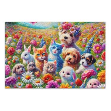 Imagem de Quebra-cabeças fofos, filhotes, gatinhos, flores, prado, 1000 peças, presentes para adultos, amigos, família, jogos, arte, arte, 75 x 40 cm