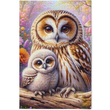 Imagem de Quebra-cabeça floral corujas fofas 500 peças adultos amantes presentes família quebra-cabeça cena inverno cenário personalizado decoração de arte animal, 52 cm x 37,8 cm