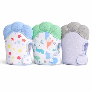 Imagem de Luva Mordedor infantil para Bebê Unissex Tecido Macio e Silicone Design Colorido com Estrelas e Dinossauros Textura Massageadora Azul Verde e Cinza Cores Sortidas lavável