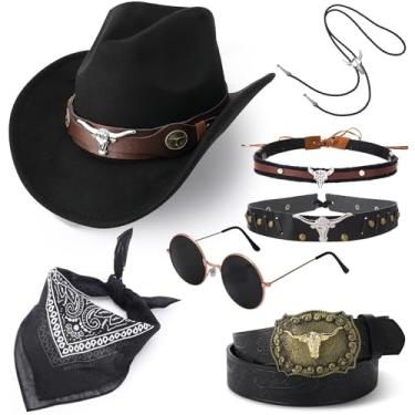 Imagem de ZhouBoat 7 peças de traje de cowboy para homens e mulheres chapéu de cowboy faixas de couro colar cinto óculos bandana para cosplay, Preto, tamanho �nico