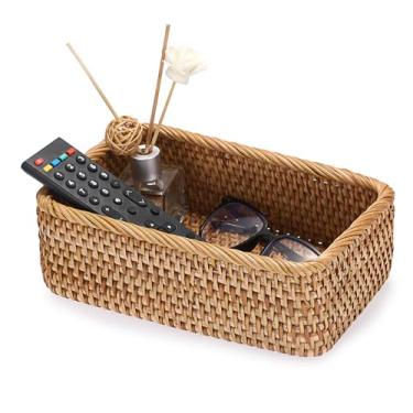 Imagem de BTSKY Cesto de controle remoto 24 x 16 cm, cesta pequena decorativa de vime para joias, cosméticos, organizador de vime para sala de estar, mesa de centro, entrada de quarto, penteadeira