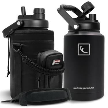 Imagem de NATURE PIONEOR Garrafa de água isolada de 1 galão – Garrafa de água de aço inoxidável de vácuo duplo de 3,7 l com suporte, boca larga e tampa 2 em 1 (canudo e bico), jarro de água de 1 galão
