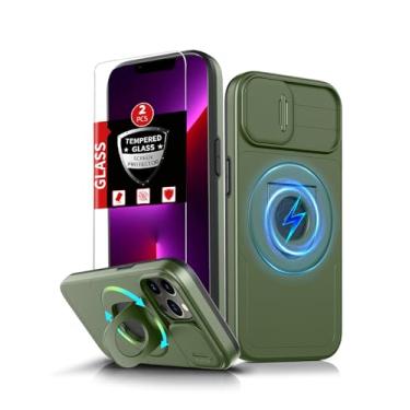 Imagem de FRLMOOES Capa magnética para iPhone 13 Pro Max compatível com carregamento MagSafe sem fio, com 2 protetores de tela, anel de suporte integrado + capa para câmera, antiarranhões, à prova de choque