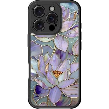 Imagem de DEENAKIN Capa fofa para iPhone 16 Pro Max, capa rígida floral estética, compatível com Magsafe, capa protetora fina retrô moderna exclusiva para mulheres e meninas, lótus roxo florescendo