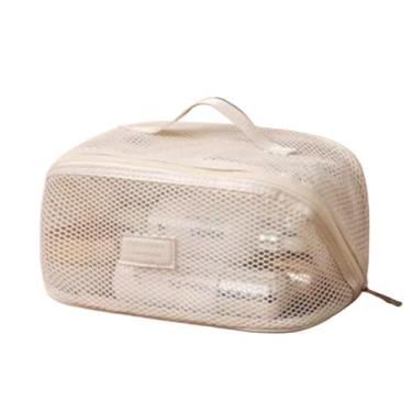 Imagem de Kit Necessaire de Maquiagem 2 Peças Grande Capacidade em Nylon e Malha Transparente para Cosméticos e Viagem(01Bege)