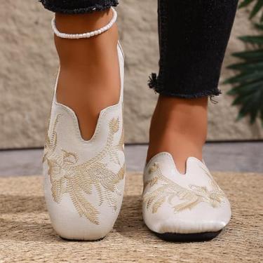 Imagem de Sapatos femininos versáteis com sola macia bordada, plus size, primavera, verão, salto baixo, confortável, casual, rasteira, cabedal de tecido, Bege, 35