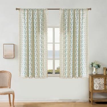 Imagem de Cortinas boho florais bege e azul-petróleo 153 cm de comprimento, conjunto de 2 painéis, cortinas de tratamento de janela, quarto de fazenda, quarto de fazenda, mistura de linho, moderno, boêmio