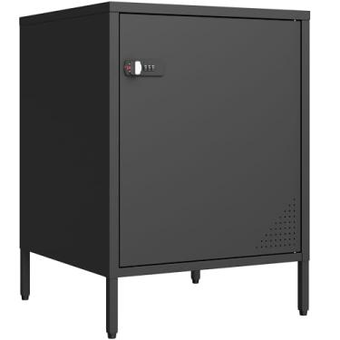 Imagem de Steehoom Mesa de cabeceira de metal com porta única armário de armazenamento de cabeceira com trava para sala de estar, quarto, dormitório, 53 cm A x 39 cm L x 40 cm P (1 porta, preto)