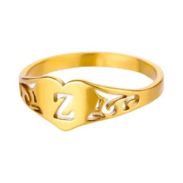 Imagem de Anel De Coração Oco Em Aço Inoxidável Dourado Para Mulheres, Inicial A