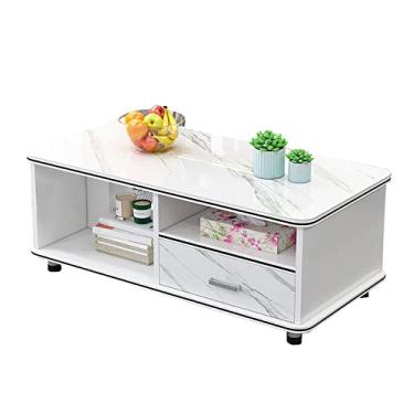 Imagem de U5GAAALPPQ9 Mesa de centro oblonga, prateleira de sala de estar e lounge, com 4 bases de coluna, vidro temperado e lençol ecológico, conjunto B (padrão de mármore branco)