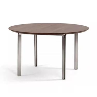 Imagem de Mesa de jantar, mesa de jantar de madeira maciça, cor nogueira, mesa de festa, pernas de metal, mesa de jantar redonda, mesa de jantar de grão de madeira, mesa simples para casa, mesa de cozinha