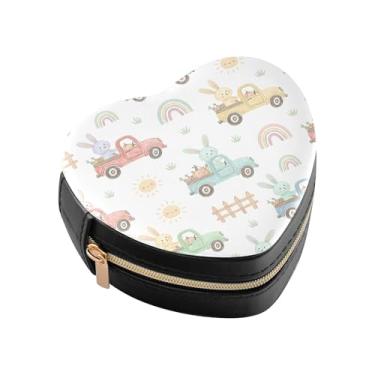 Imagem de Burbuja Caixa de joias em forma de coração de carro de coelho, mini estojo de viagem para mulheres e meninas, estojo portátil organizador de armazenamento para brincos, anéis, colares e pulseiras