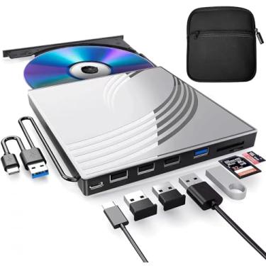 Imagem de Unidade externa de CD DVD+/-RW com estojo de transporte, gravador de CD USB 3.0 ultrafino com 4 portas USB, 2 compartimentos para cartão TF/SD, 1 porta tipo C, leitor de DVD para laptop