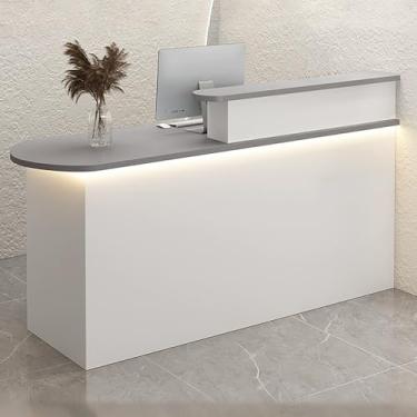 Imagem de Mesa de recepção frontal de LED moderna com gaveta e armário de armazenamento - ideal para salão, loja ou escritório - branca (100 x 55 x 100 cm)