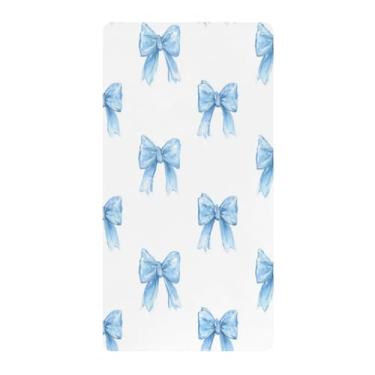 Imagem de Blueangle Lençol de berço padrão para berço infantil - Lençóis de algodão macio e respirável com laços azuis em aquarela (558)