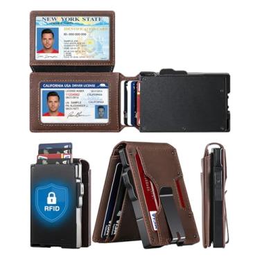 Imagem de Carteira masculina com 2 identidades viúvas, carteira masculina minimalista de 15 a 18 cartões, cartão com bloqueio de RFID, carteiras Ridge com clipe de dinheiro, presentes de aniversário para homens