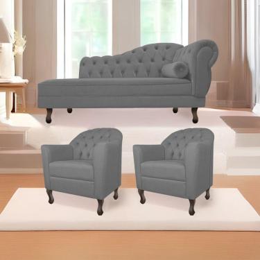 Imagem de Kit Diva Recamier Diana 140cm Lado Esquerdo e 02 Poltronas Julia Suede Cinza