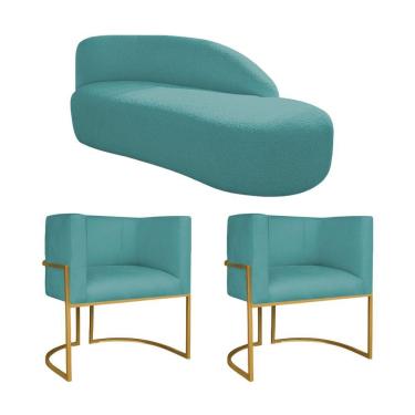 Imagem de Kit Divã Luna 140cm Lado Direito E 02 Poltronas Base De Ferro Dourado Suede Cor Azul Turquesa
