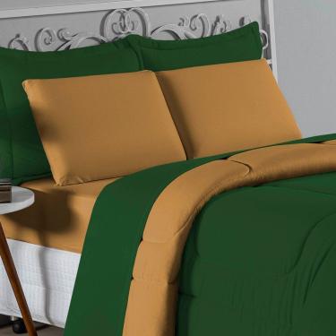 Imagem de Kit Edredom Dupla Face + Jogo De Lençol King Nobre 6 Peças Malha 100% Algodão - Verde-bandeira / Cobre