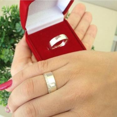 Imagem de Par De Aliança 6Mm Friso Feminina Cravejada Prata Namoro