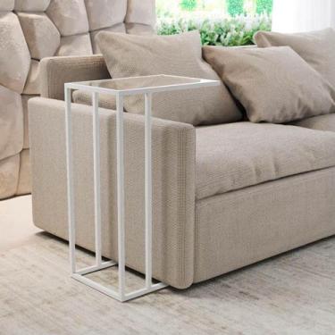 Imagem de Mesa Lateral Elena Industrial Branco Com Tampo De Vidro - IRON WOOD