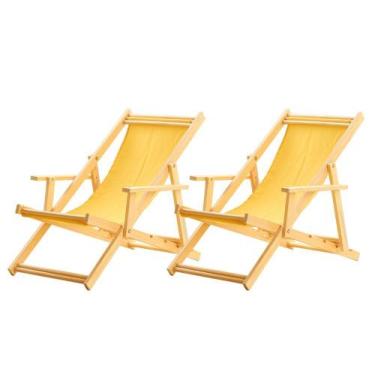 Imagem de Kit 2 Espreguiçadeiras Dobráveis Madeira Maciça Natural Tecido Amarelo