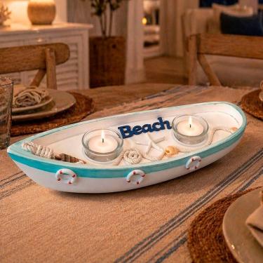 Imagem de Castiçal Porta Velas Barco em Madeira Decoração Praia Branco
