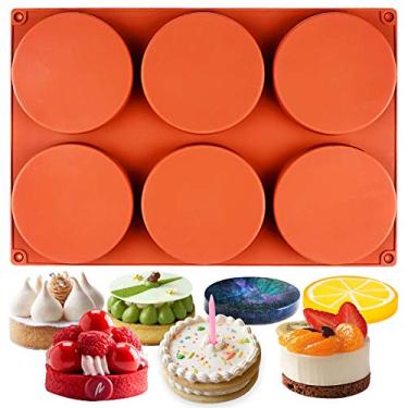 Imagem de Funshowcase Molde de silicone para assar disco redondo, 6 cavidades, 10 cm, bandeja circular de resina epóxi, torta de bolo de chocolate, creme, torta, muffin, sanduíches, ovos, assadeira, sabonete
