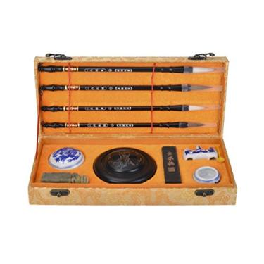 Imagem de I-MART Conjunto de caligrafia chinesa para iniciantes com 4 pincéis, pedra de tinta, bastão de tinta, pasta de tinta vermelha, selo, tigela de água de porcelana, suporte de pincel, kits de caligrafia