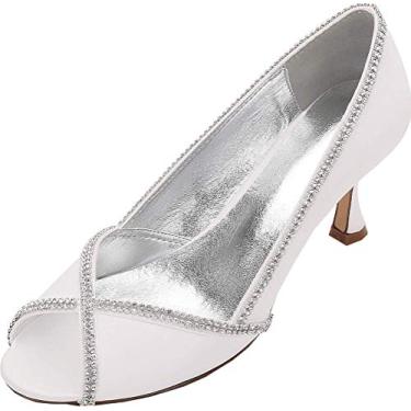 Imagem de Vestido feminino Peep Toe strass salto gatinha sapatos de noiva slip on pump festa noite, Marfim, 8.5