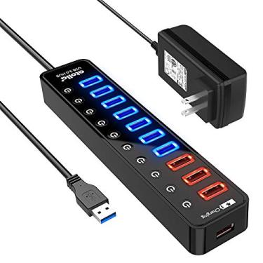 Imagem de Hub USB 3.0 alimentado, hub de dados USB 3.0, 11 portas – 7 portas de dados USB 3.0 + 4 portas de carregamento inteligente com interruptores liga/desliga individuais e adaptador de alimentação 12V/4A