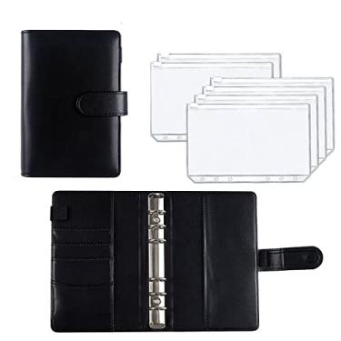 Imagem de Pasta A6 Planner de Couro PU Orçamento Bolsos Folhas de Orçamento de Despesas Caderno Sistema Organizador de Envelope de Dinheiro com Zíper Transparente, Preto