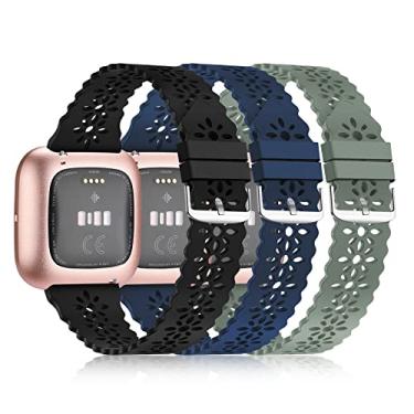 Imagem de YAXIN Pacote com 3 pulseiras esportivas finas compatíveis com Fitbit Versa/Fitbit Versa 2/Fitbit Versa Lite para mulheres, pulseiras de substituição de renda de silicone macio para relógio inteligente Fitbit Versa, preto/azul marinho/verde pinheiro