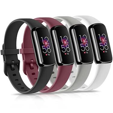 Imagem de Pacote com 4 pulseiras para Fitbit Luxe, pulseira de silicone macio de substituição para Fitbit Luxe/Luxe edição especial rastreador de atividades feminino masculino (pequeno, vermelho vinho/preto/branco/cinza)