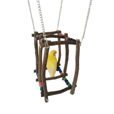 Imagem de Brinquedo para balanço de pássaros, poleiro de madeira, gaiola de papagaio, rede de balanço de madeira, suporte de poleiro de madeira, suporte de pássaros, mordidas, rasgos e escaladas com corrente de aço inoxidável para pendurar