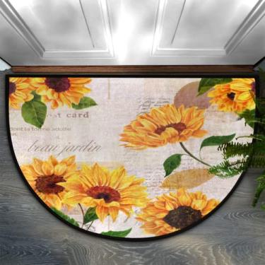 Imagem de Capacho meio redondo girassol flor floral antiderrapante lavável semi círculo área tapete durável absorvente meia lua lareira tapete para exterior interior sala de estar banheiro quarto cozinha decoração