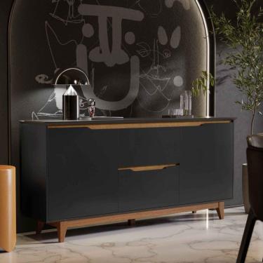 Imagem de Aparador Buffet Sala Flow 2 Portas 2 Gavetas com Pés de Madeira Preto com Freijó - Rede Móveis
