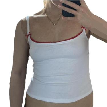 Imagem de Camiseta regata feminina Y2K com acabamento em renda e laço kawaii, vintage, justa, alças finas, colete, Uma regata branca, M