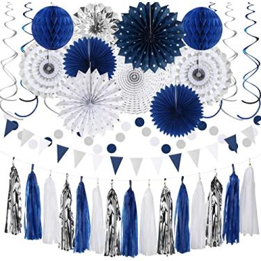 Imagem de Decorações de festa de formatura azul-marinho branco-prata - 33 kits de bandeira, guirlanda de borla, pompons de tecido, favo de mel, leques de lanterna de papel, decoração de pano de fundo de chá de