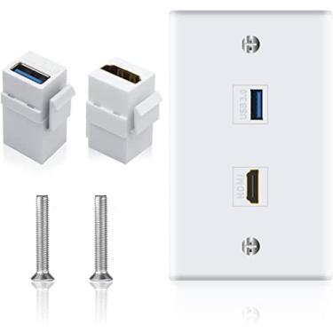 Imagem de Capa de tomada de placa de parede HDMI de 2 portas 4K com cabo trança HDMI de alta velocidade fêmea para fêmea de 15 cm para sistemas de videogame, caixas de TV (