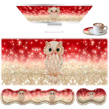 Imagem de Conjunto de mouse pad grande, mouse pad de mesa + almofada de pulso de teclado + tapete de pulso de mouse + porta-copos ergonômico, espuma de memória multifuncional, tapete de mesa - coruja em fundo