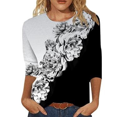 Imagem de Camisetas femininas de manga 3/4 gola redonda com estampa casual moderna de três quartos, Ofertas flash cinza, M
