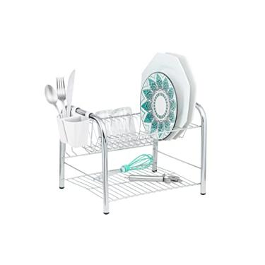 Imagem de Escorredor de Louça Duplo Cromado 16 Pratos 05 Copos Porta Talher Plástico Branco